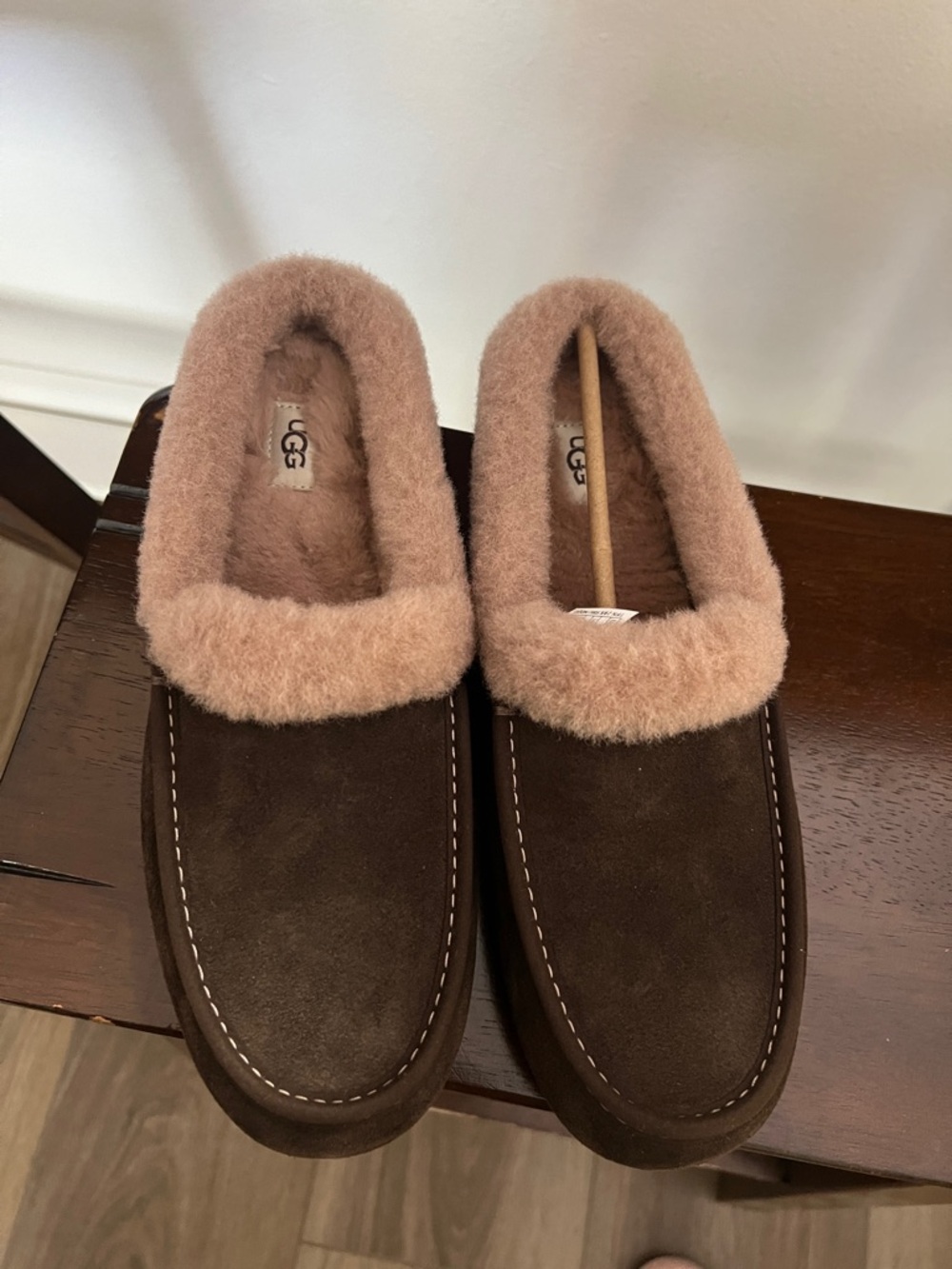UGG Brown Suede Slippers with Blush Shearling Cuff